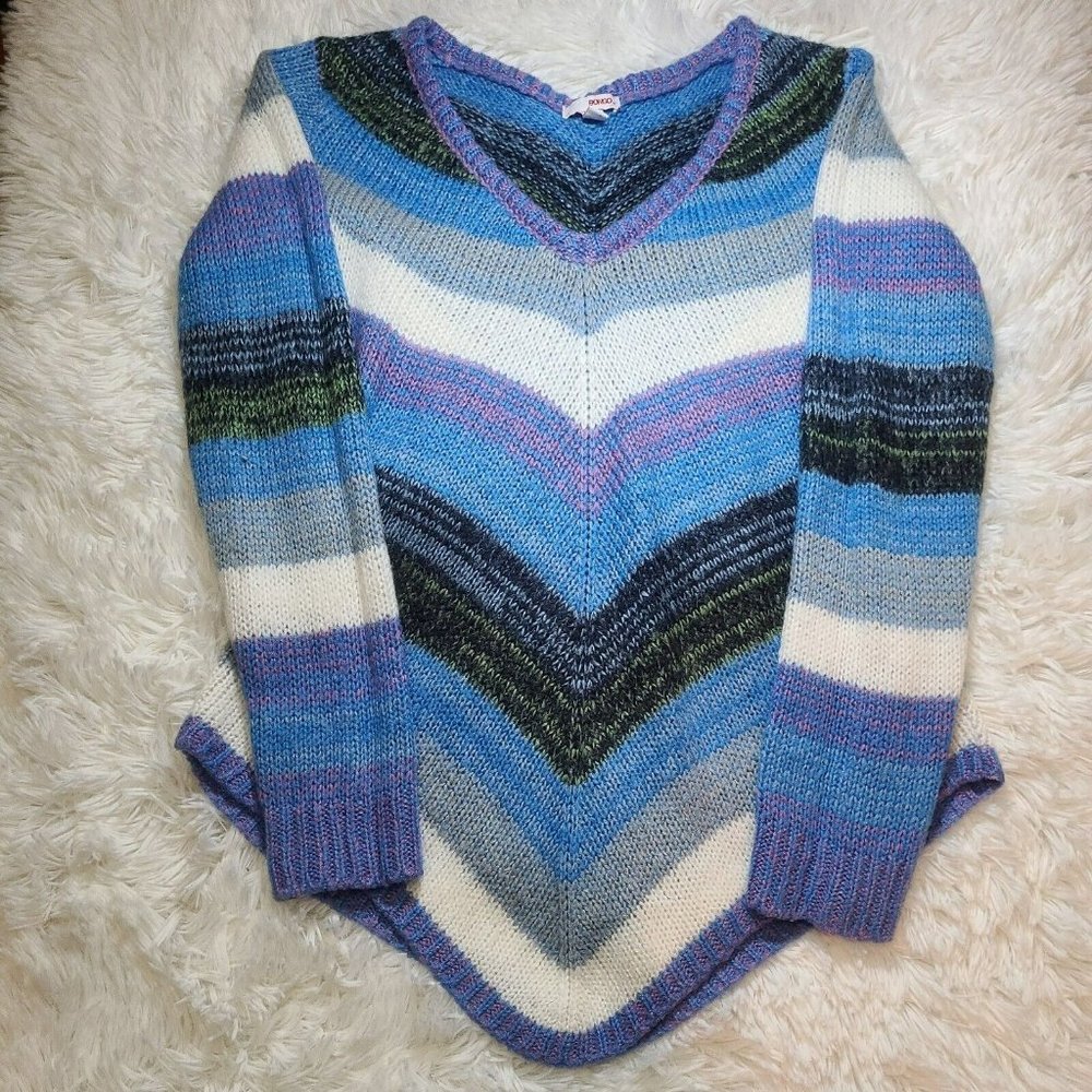 Vtg 90s Bongo Women's Knit Sweater Y2K Sz XL Blue V-Neck Chevron Striped